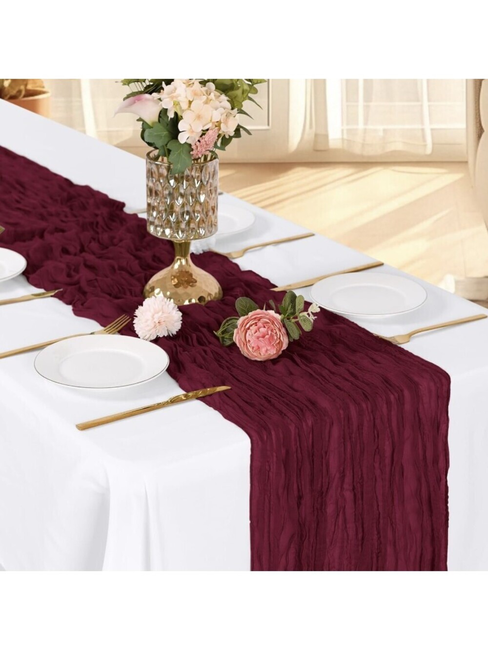 6 Burgundy Boho Gauze Table Runners Wedding Party Romantic Fall Table Decor 120”